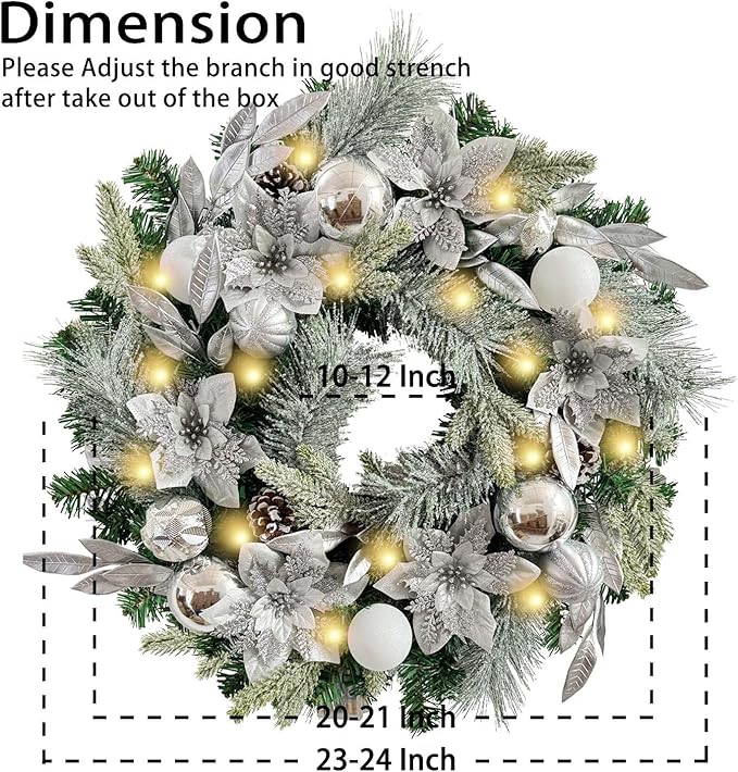 WANNA-CUL Pre-Lit 24 Inch Lighted Christmas Wreath for Front Door Decor with Silver White Christmas Ball Ornaments and Poinsettia Flowers,Battery Operated 30 LED Lights