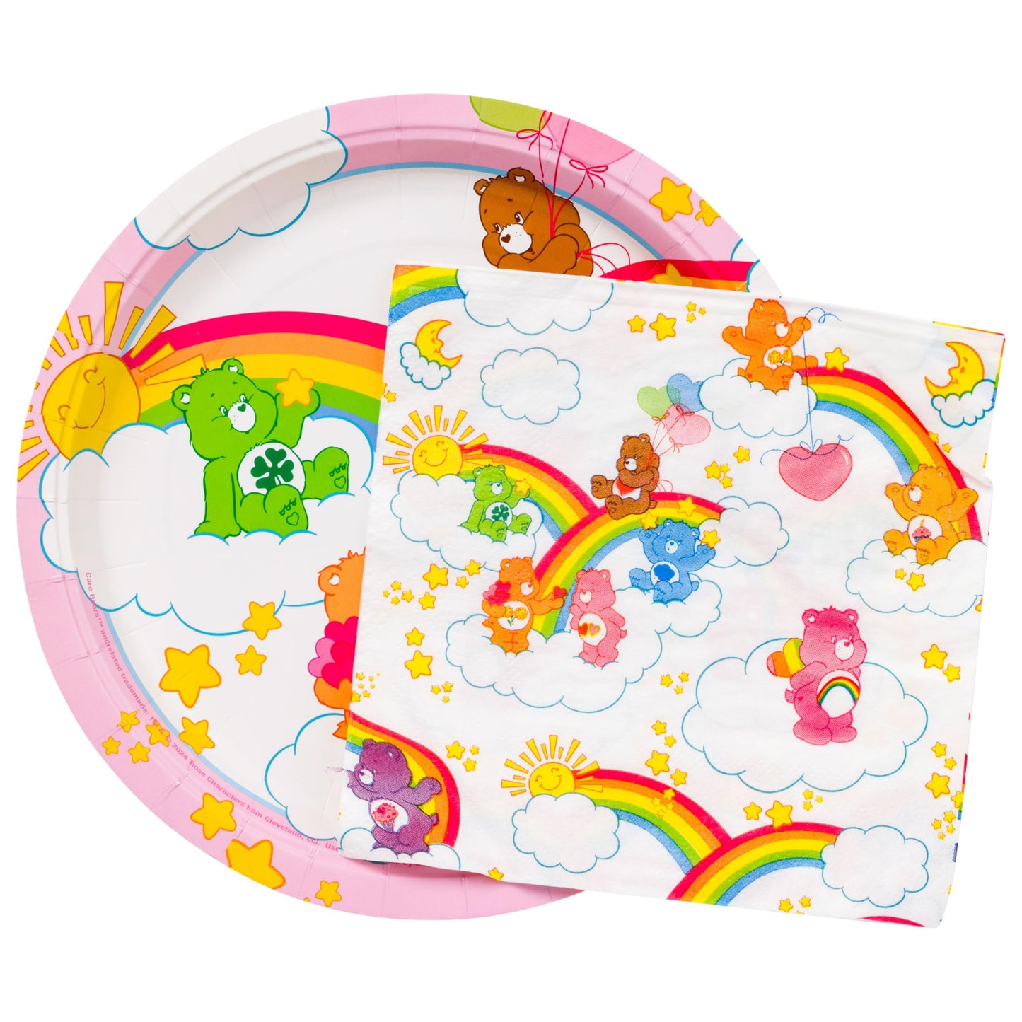 Silver Buffalo Care Bears Featuring Grumpy, Good Luck, Tenderheart, Love-A-Lot, Friend, Cheer, and Birthday 32 Pack Partyware Disposable Paper Plates and Napkins