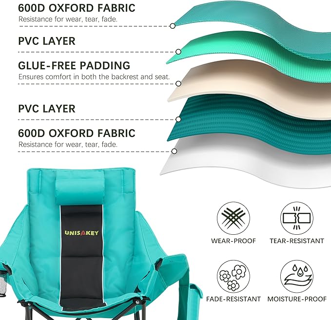 Oversized Rocking Camping Chair with Headrest & Cup Holder - 400lbs Capacity, 600D Oxford Fabric, Easy Fold Portable Outdoor Rocker Chair for Camping, Backyard, Beach, Blackgreen
