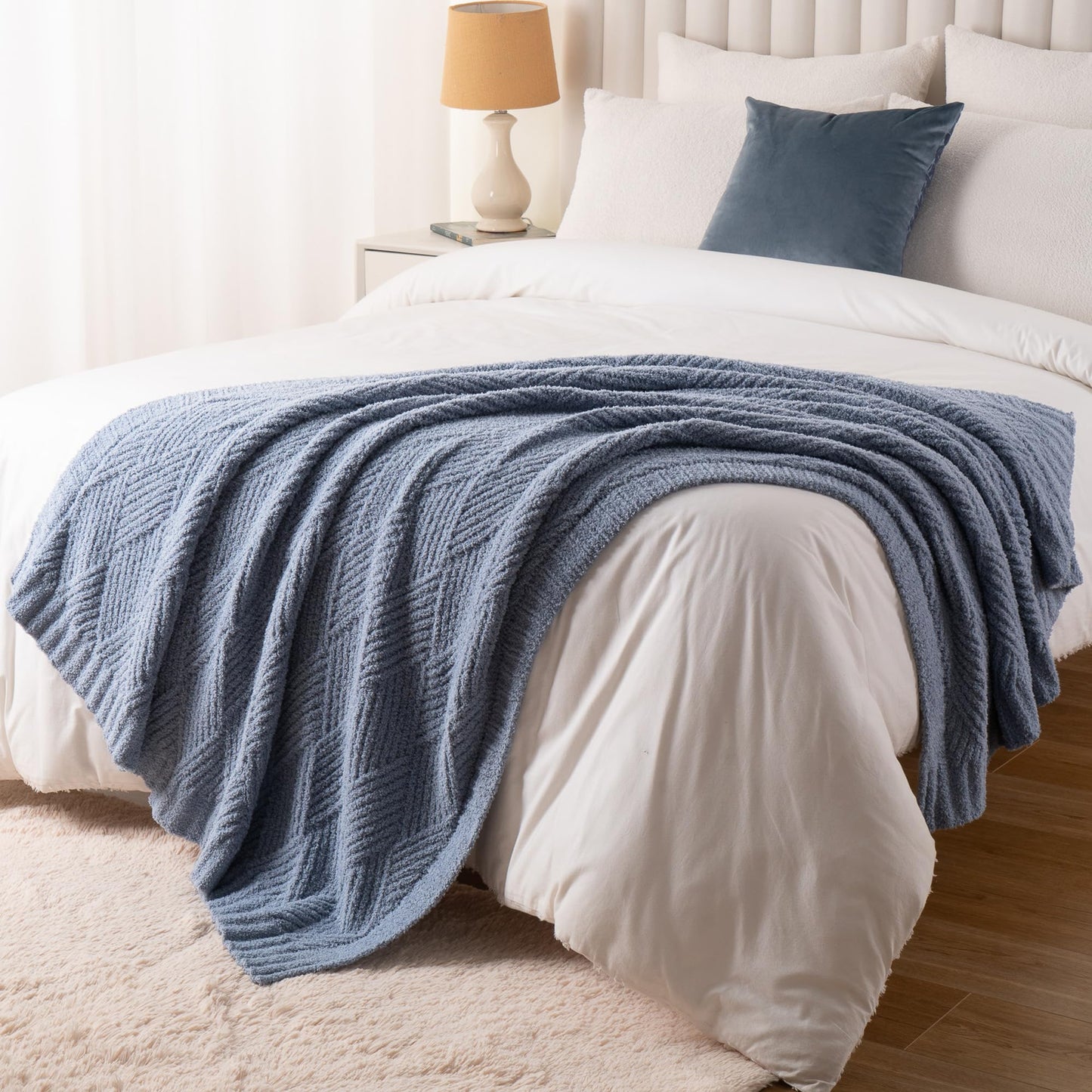 Battilo Dusty Blue Throw Blanket for Couch, Soft Chenille Diamond Knit, Lightweight Cozy Decorative Blanket for Sofa Bed, 50"x60"