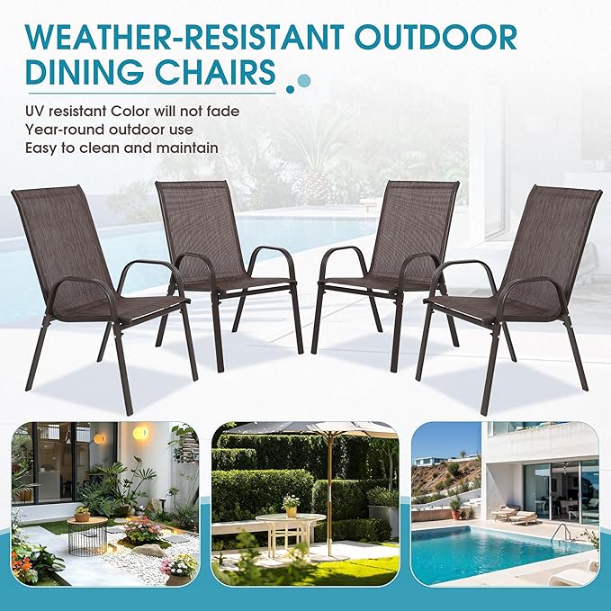 Outdoor Stackable Chairs Set of 4, Stacking Patio Chairs with Textilene Fabric, Outside Furniture for Garden Backyard Balconie Poolside Deck, Brown