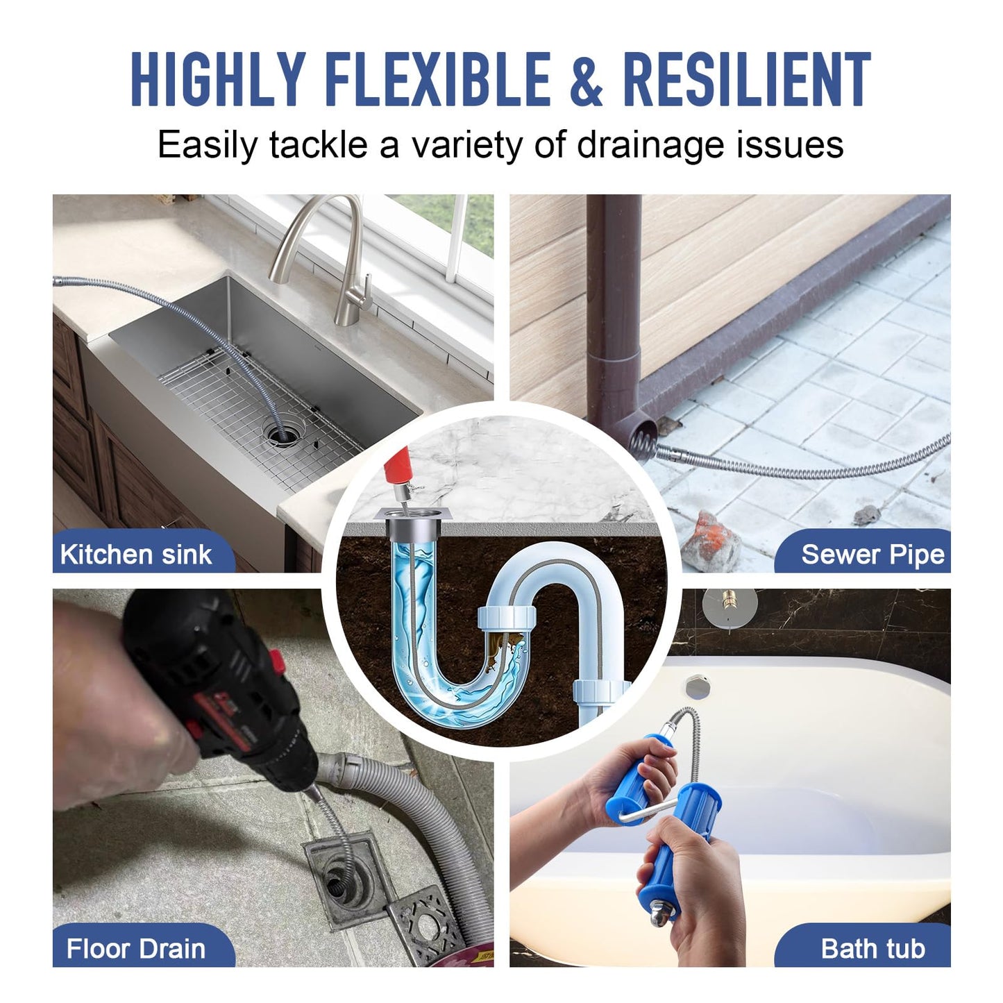 Drain Snake Unblocker 5 m, Spiral Diameter 12 mm, with 6 Pieces Drain Cleaner Cutting Head and 1 Manual Adapters, Sink Unblocker and Drain Unblocker Tool