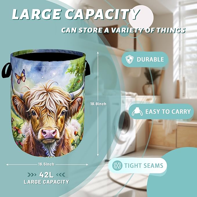 Highland Cow Laundry Basket Floral Foldable Funny Laundry Hamper Oxford Cloth