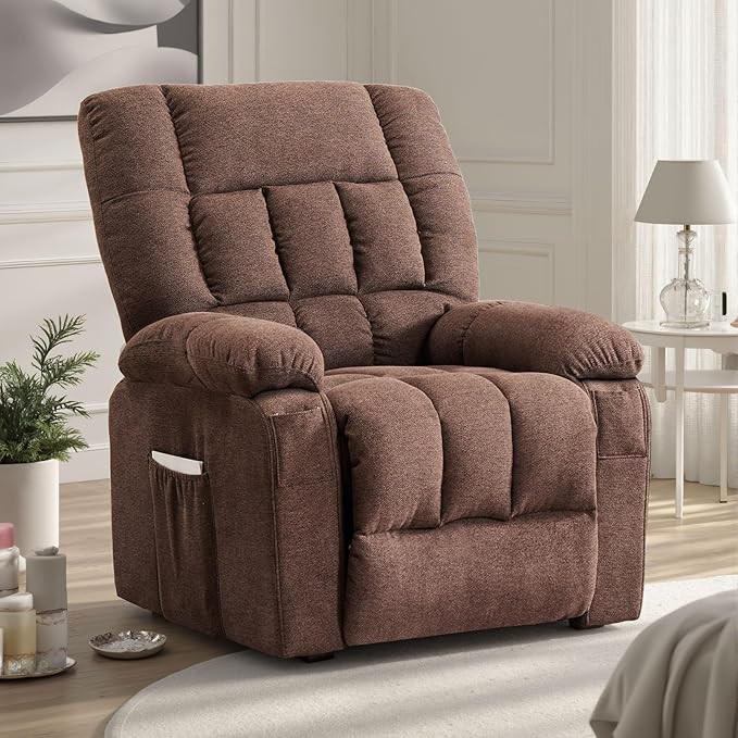 Sweetcrispy Power Lift Recliner Chair with Vibration Massage and Heat for Adults, Ergonomic Overstuffed Breathable Fabric Reclining Chair with Side Pockets, Remote Control, Living Room, Bedroom, Brown