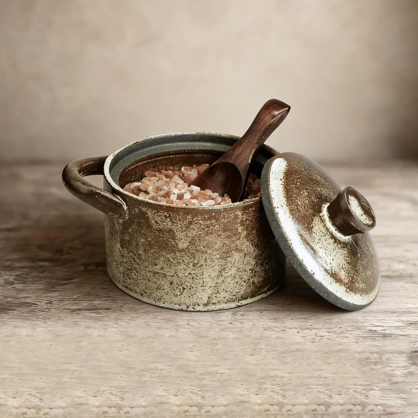 seicasaya Handcrafted Speckled Ceramic Salt Cellar with Wooden Spoon, Rustic Vintage Spice Jar, Dishwasher Safe, 8.45 fl oz (Peckled Ceramic)