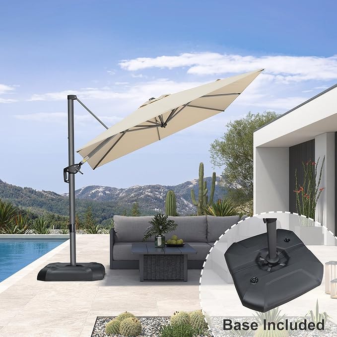 PURPLE LEAF 8 Feet Square Cantilever Umbrella Patio Umbrella with Base Outdoor Umbrella Aluminum with 360-degree Rotation for Garden Deck Pool Patio Beige