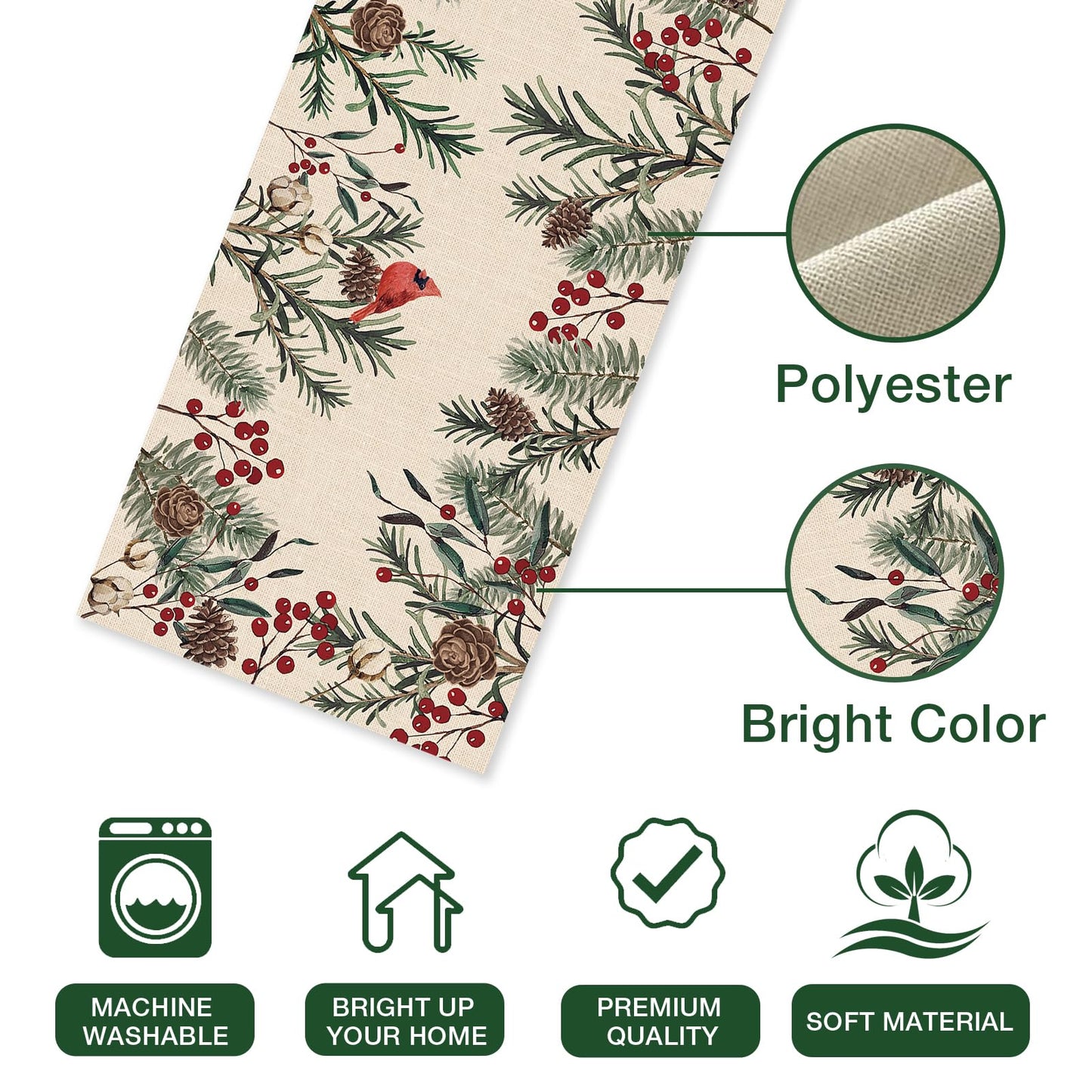 Seliem Winter Pine Needle Branches Table Runner, Pine Cone Cardinal Red Birds Berry Farmhouse Kitchen Dining Table Decor, Christmas Holiday Home Decoration Indoor Outdoor Party Supply 13 x 72 Inches