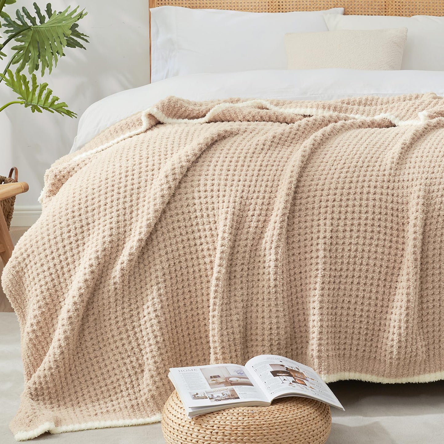 Snuggle Sac Waffle Throw Blanket for Couch Bed Sofa 50x60 inches, Reversible Beige Blanket Microfiber Fluffy Fuzzy Cozy Knit Soft Throws for Women Mothers Birthday Gifts