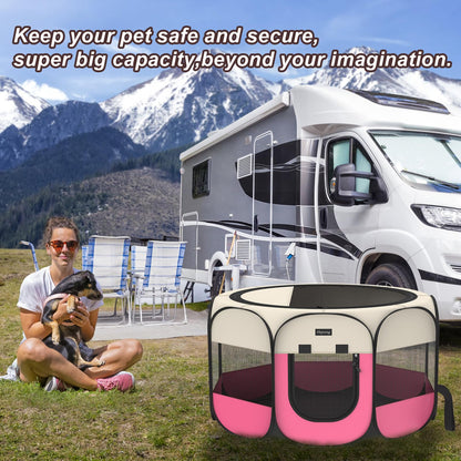 Portable Pet Playpen, 8-Panel Indoor/Outdoor Puppy Pen with Shade Cover & Travel Bag - Waterproof Dog Cat Tent Includes Collapsible Bowl