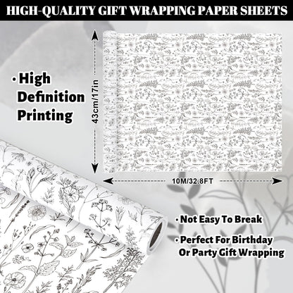 FYSUIMU Vintage Wildflower Wrapping Paper Mini Roll 17 In x 32.8 Ft Spring Black White Floral Gift Wrap Botanical Flower DIY Art Crafts Paper for Wedding Baby Shower Birthday Holiday Party