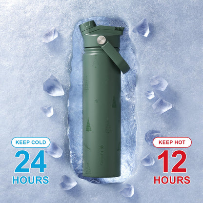 KEWIXY 24 oz Christmas Water Bottle, 2-in-1 Lid, Straw & Spout, Insulated, Leak Proof, Keep Cold, Stainless Steel, Metal, Reusable, Handle, Holiday Gift, Cupholder Friendly, Green Tree