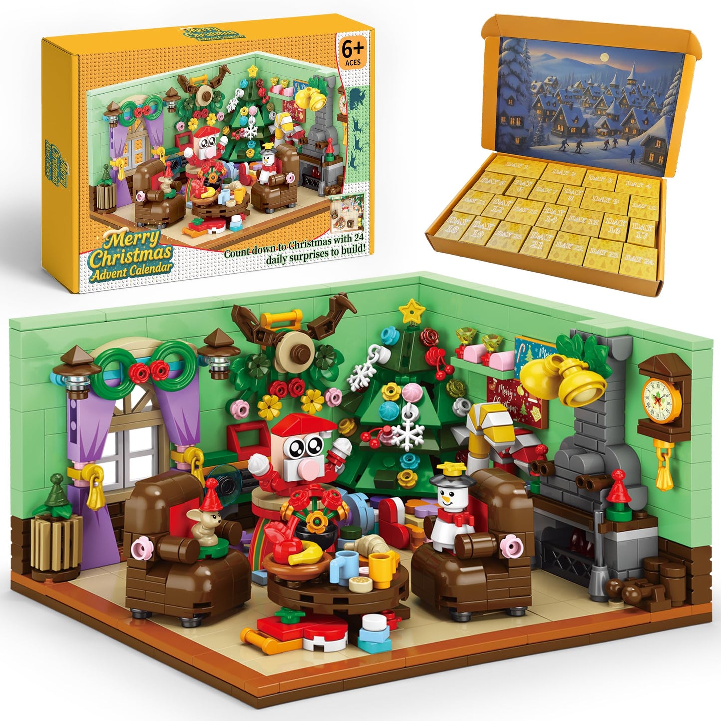 Rubypop Advent Calendar Building Blocks, 24 Day Christmas Countdown Kit with 669PCS Bricks Set,Santa Sleigh Christmas Tree Xmas Friends Room Holiday Decorations Gifts for Kids Boys Girls