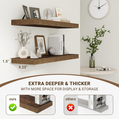 Acovy 24 Inch Floating Shelves, 3D Textured 24"x9.25"x1.5" Inch Deep Floating Shelves for Wall, Wooden Shelves for Bathroom, Bedroom, Living Room, Brown, 2 Pieces