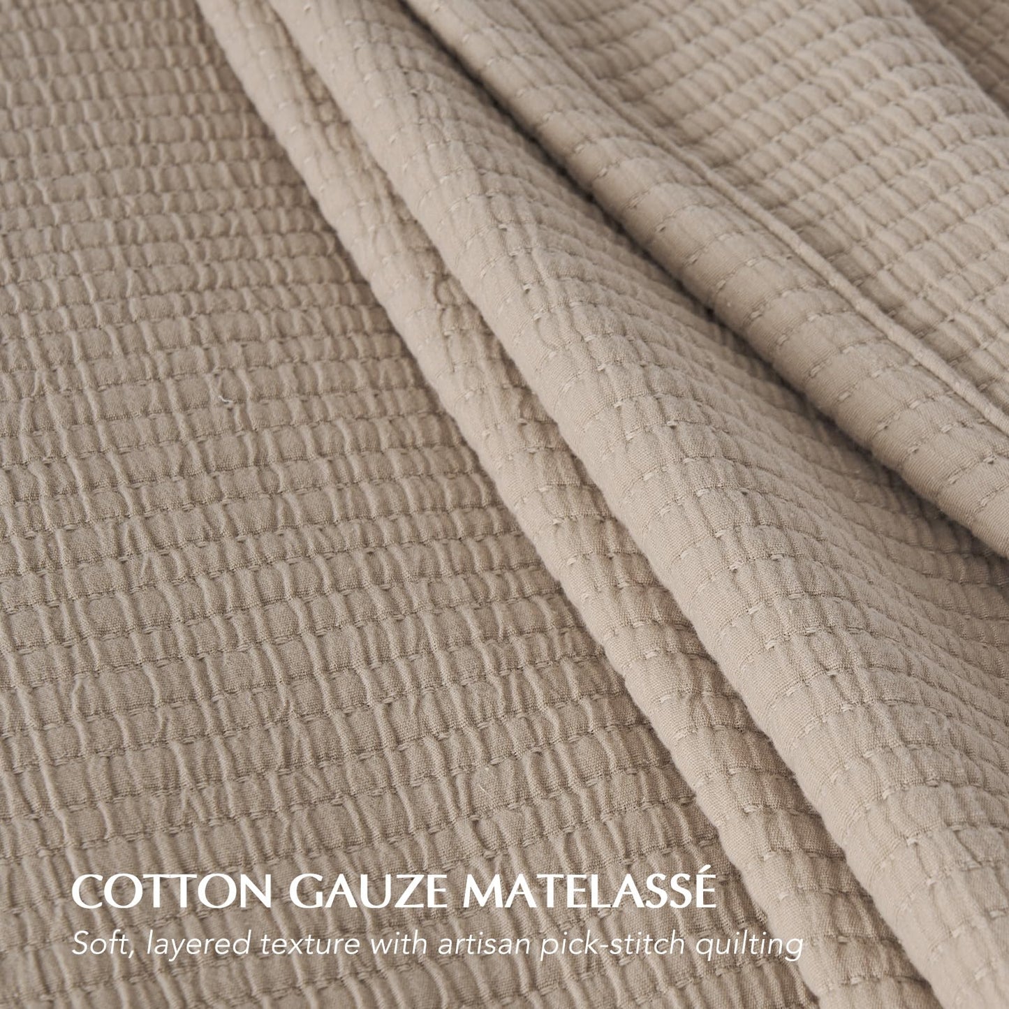 EVERGRACEHOME Cotton Gauze King Bedspread, Ultra Soft Prewashed Pick Stitch Matelassé Coverlet, Lightweight Textured Oversized King Quilt Bedding Set for All Season, with 2 Shams, Khaki Tan