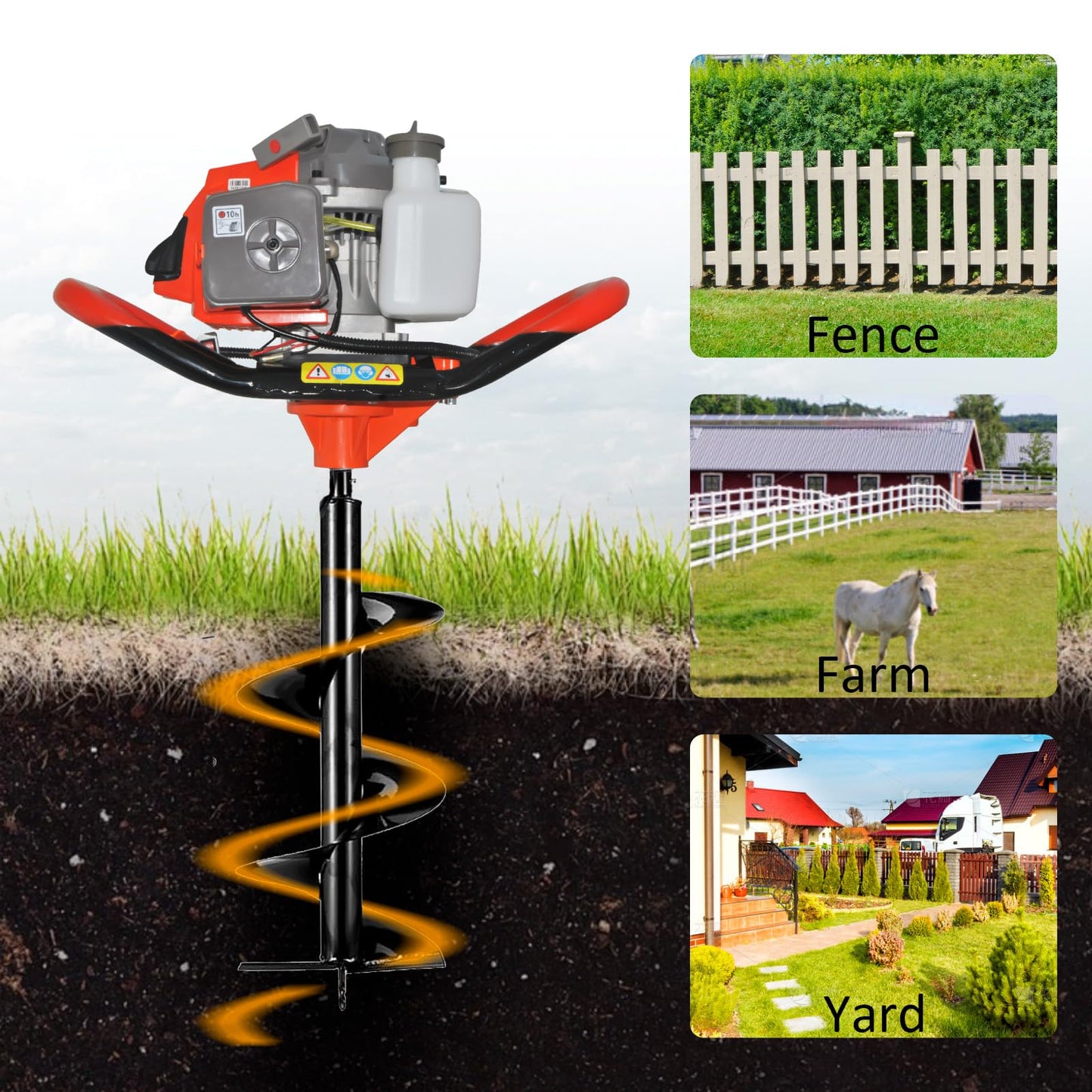 SICAN Post Hole Digger,72CC 2 Stroke Auger Post Hole Digger, Gas Powered Earth Digger 3 Auger Drill Bits(4"&8"&12'') and 2 Extension Rods for Farm Garden Plant (72cc Morden Digger)