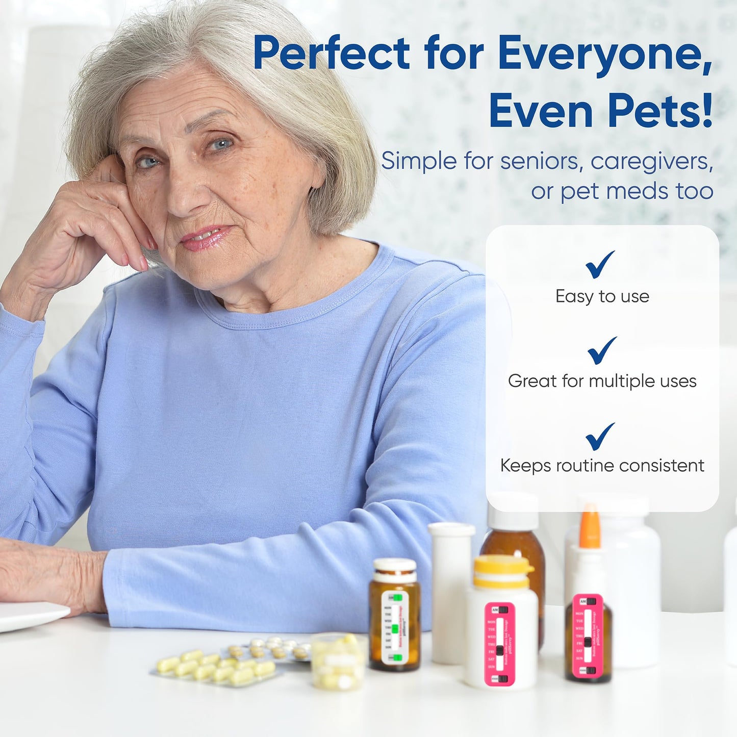 PillSavvy™ Daily Pill Tracker – Non-Digital, Reusable Medication Reminder for Bottles & Organizers – Easy to Use, Curved Back – Track Prescriptions, Vitamins, Supplements & Pet Meds (White, 2 Pack)
