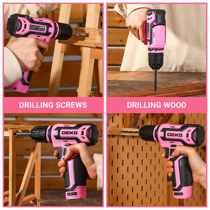 Cordless Drill：DEKOPRO 12V Power Drill Set with Pink 800RPM Electric Drills with Tool Set Gift Box, Pink Drill Set for Women