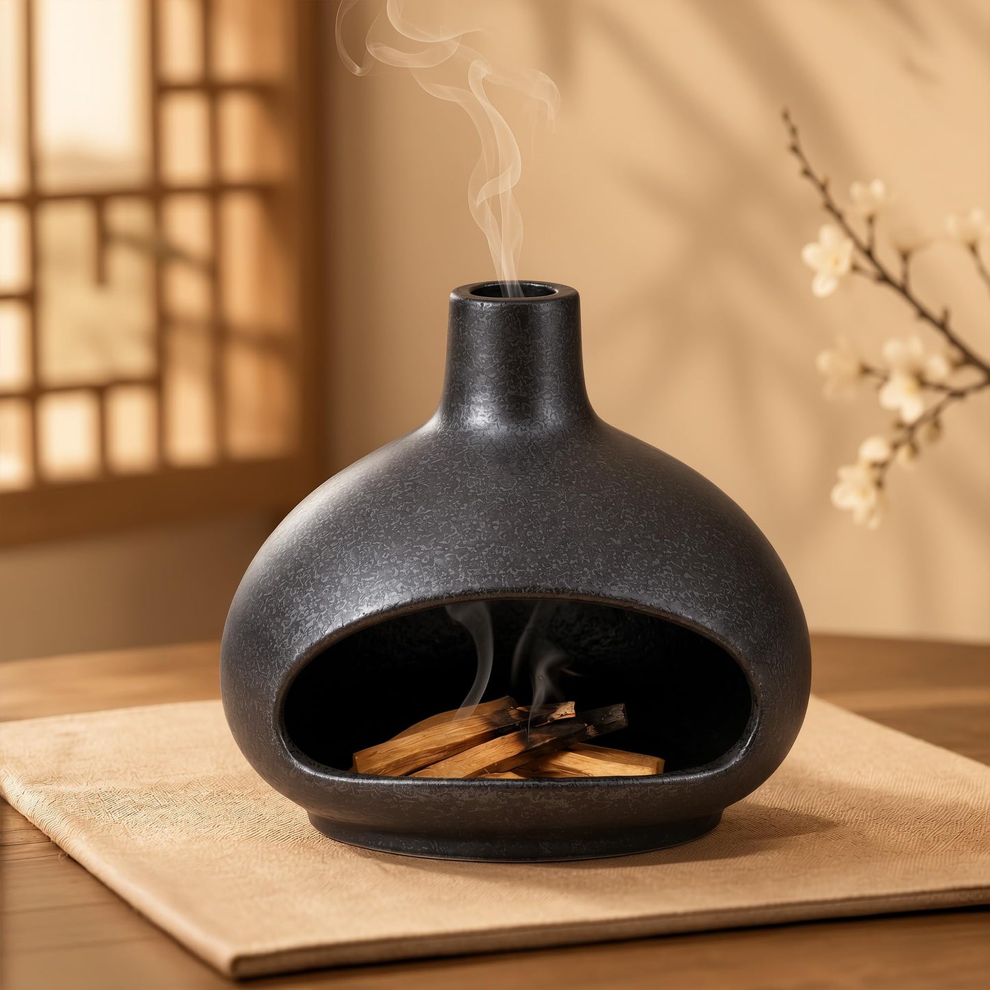 TimberAura Palo Santo Holder, Mini Ceramic Chiminea Incense Burner for Sage, Cones and Sticks, Small Zen Decor Tabletop Ash Catcher for Yoga and Meditation Room (Black)