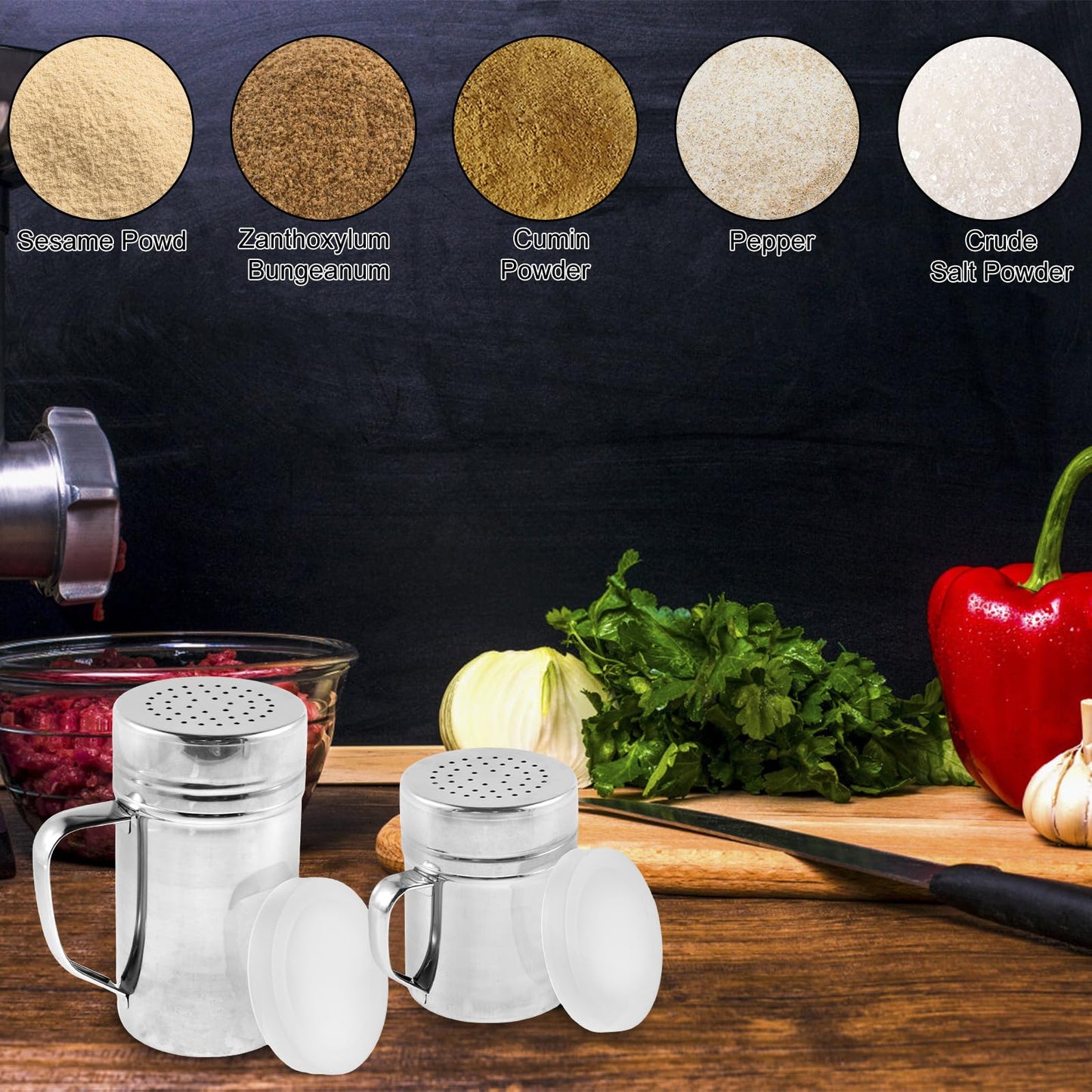 BXUYAOXMC 4 Pcs Stainless Steel Salt and Pepper Shakers Set, 10oz & 14oz Spice Shakers with Handle and Airtight Lid, Large Holes for Powdered Sugar, Flour, Cheese, BBQ Rubs – Kitchen Storage