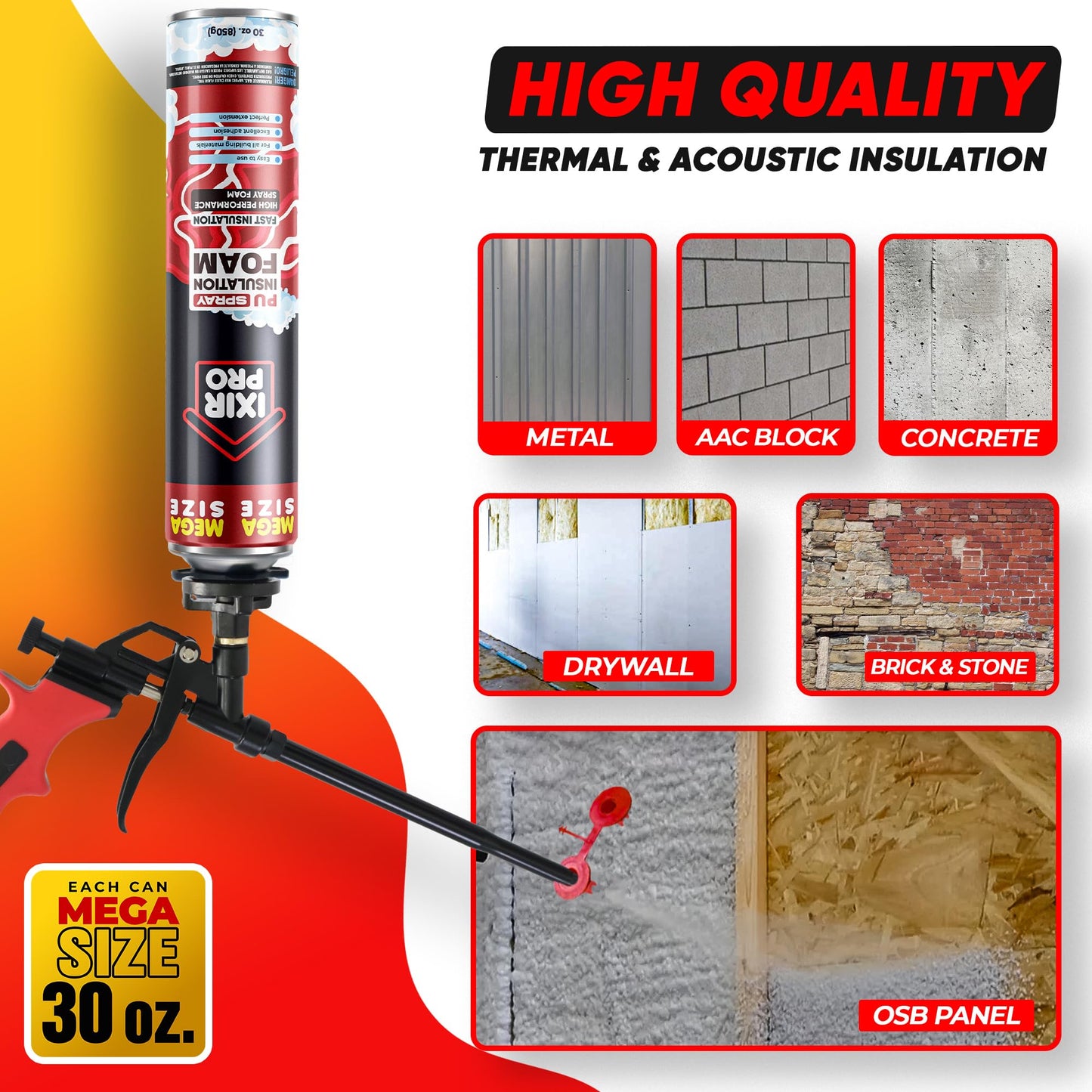 Spray Foam Insulation Can (18 x 30 oz) Expanding Sealant, Mega Size Closed Cell Spray Foam Insulation, High Density, Walls Ceiling Windows Doors