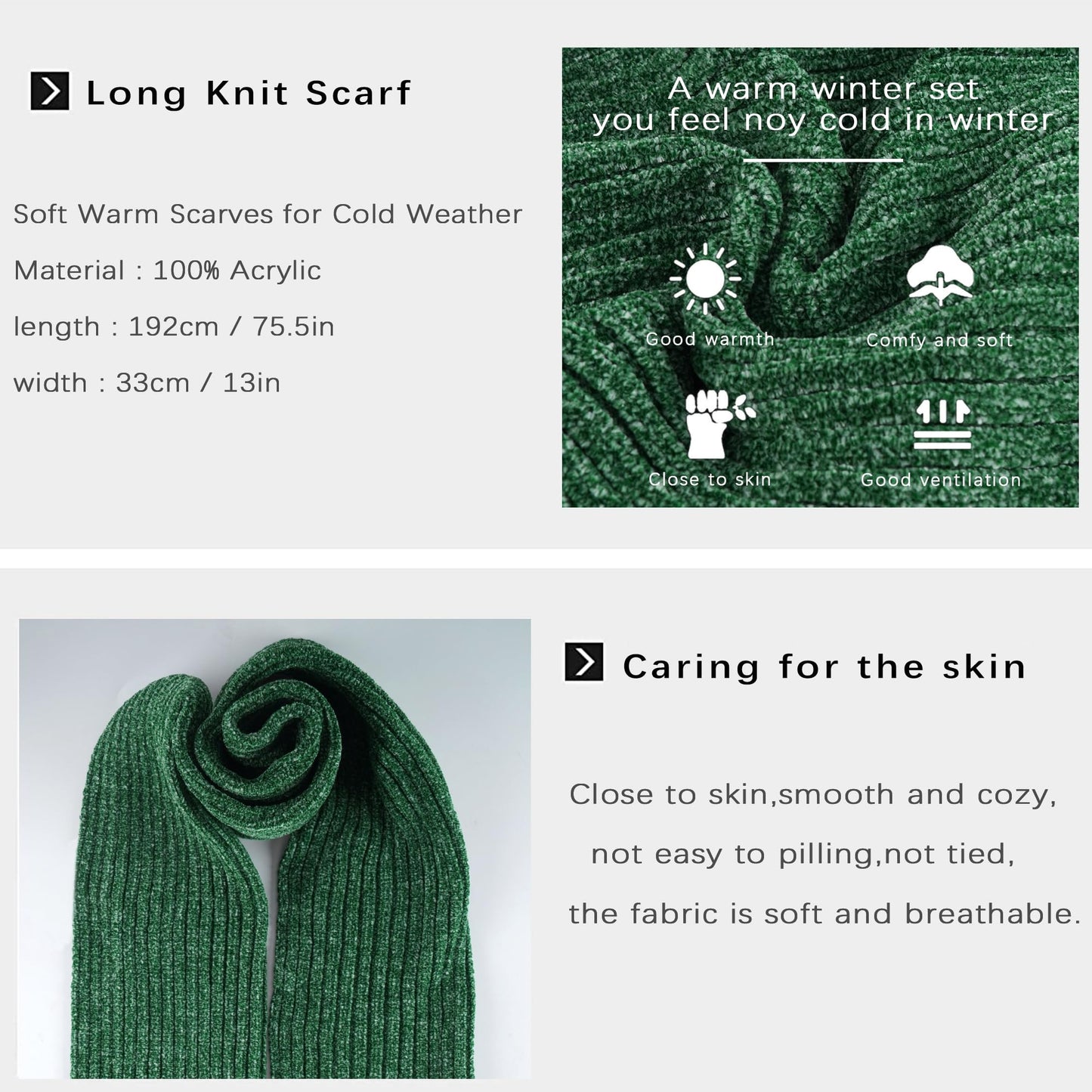Womens Winter Knit Warm Hat Beanie Long Scarf Touch Screen Gloves Set Skull Caps Neck Scarves for Women Men Dark Green