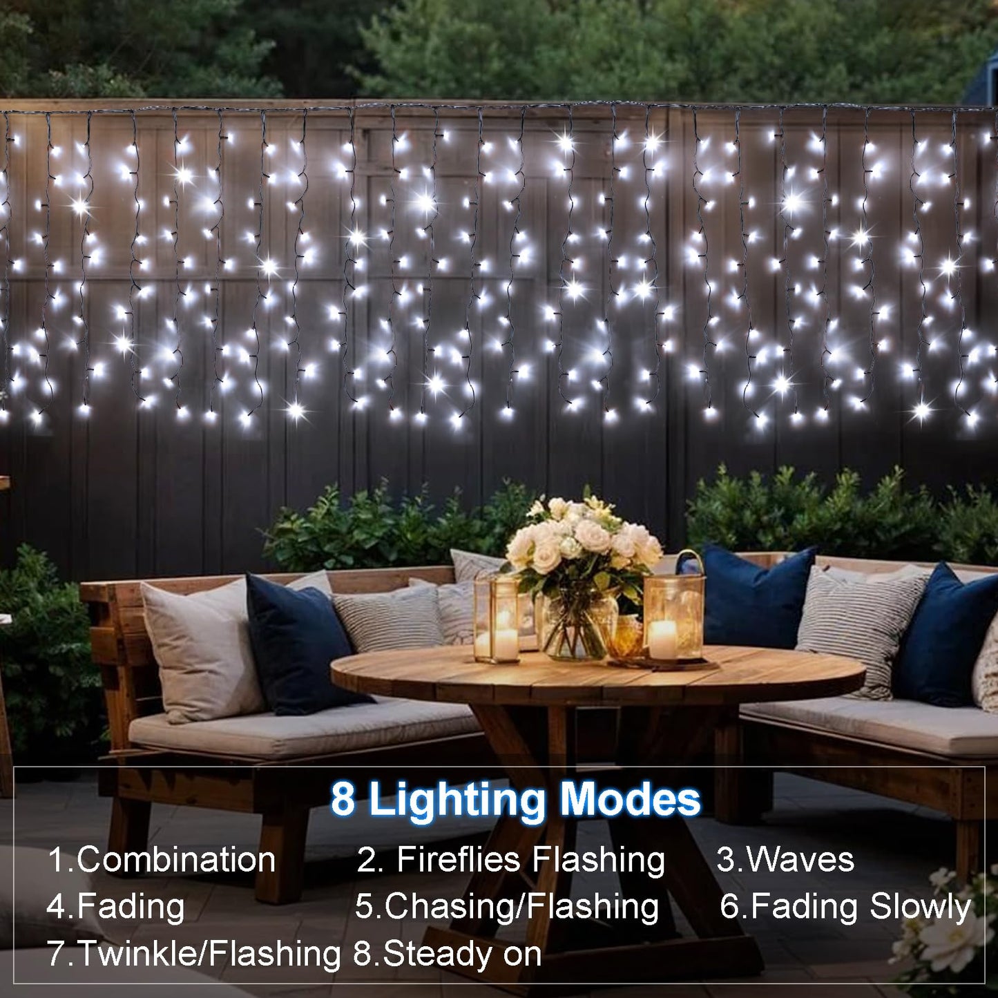 DBFAIRY Solar Curtain Lights,19.6ft x 3.3ft 300 LED Outdoor Christmas Solar Curtain Lights Waterproof Green Wire with 8 Mode for Garden Handrail Railing Eaves Wall Decoration -Cool White
