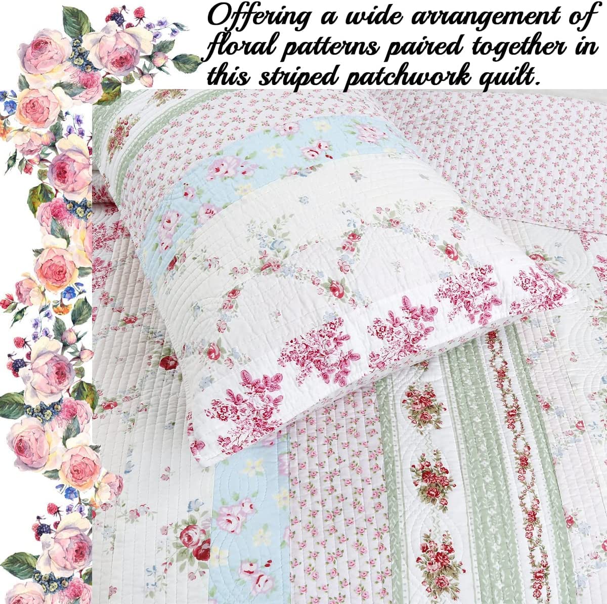 Cozy Line Home Fashions 100% Cotton Real Patchwork Floral Striped Cotton Reversible Quilt Bedding Set, Coverlet, Bedspread (Wild Rose, Queen - 3 Piece)