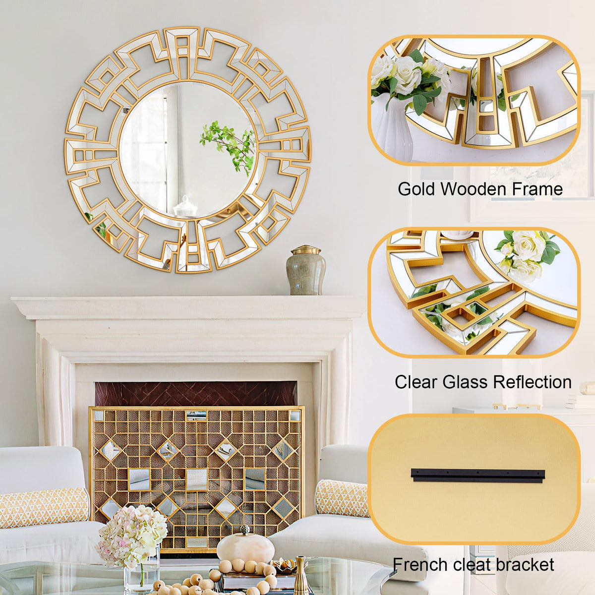 Chende Gold Mirror with Wooden Frame, 36'' Round Mirror for Wall Decorative, Large Wall Mirror for Living Room, Entryway, Fireplace