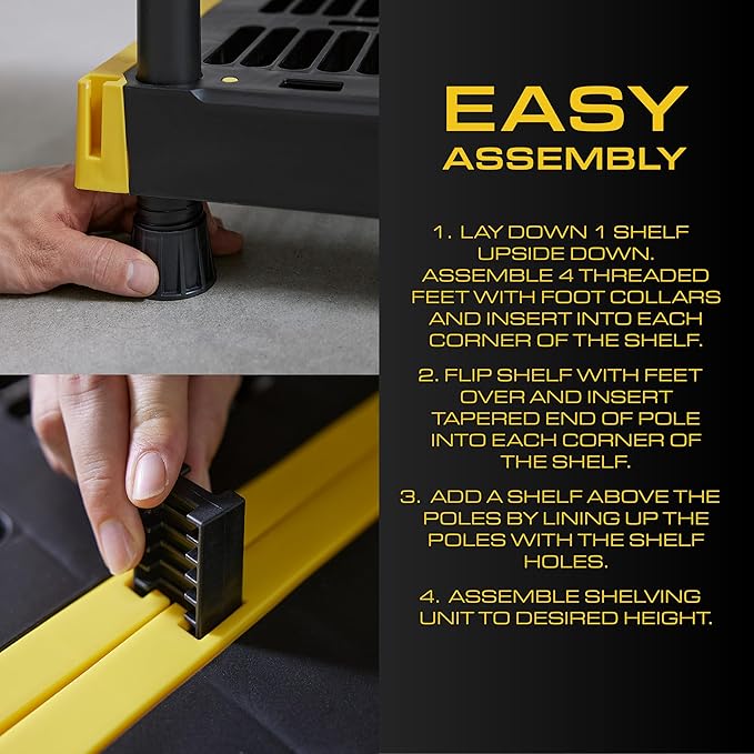 BLACK & YELLOW 4-Tier Heavy Duty Plastic Storage Shelves that Support up to 100lbs/shelf, Organization and Storage, Weather-Resistant Design, Easy Assembly, Made in The USA (55H x 24W x 20D)