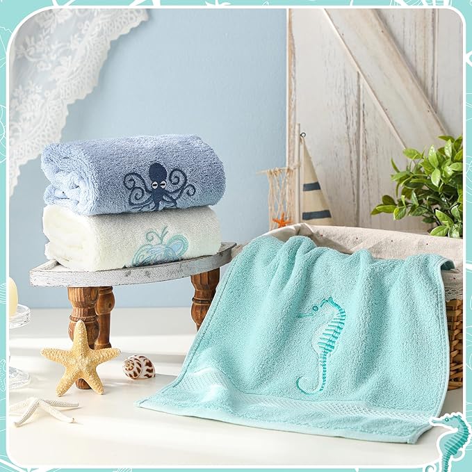 3 Pack Coastal Hand Towels for Bathroom 100% Cotton Embroidered Bathroom Towels