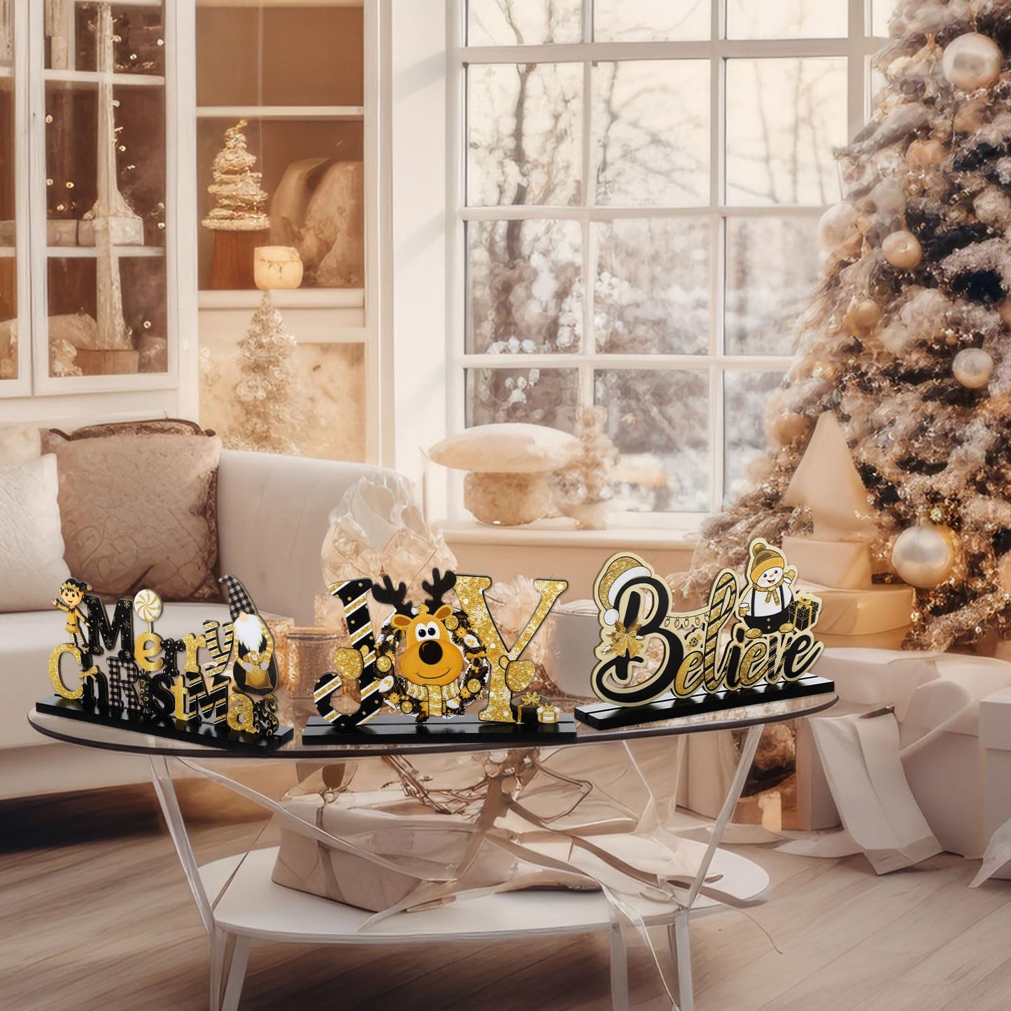 Blulu 3 Pcs Christmas Decorations Indoor Centerpieces for Tables Tabletop Wooden Sign Snowman Farmhouse Centerpieces for Christmas Xmas Holiday Party Indoor Decor(Gold)