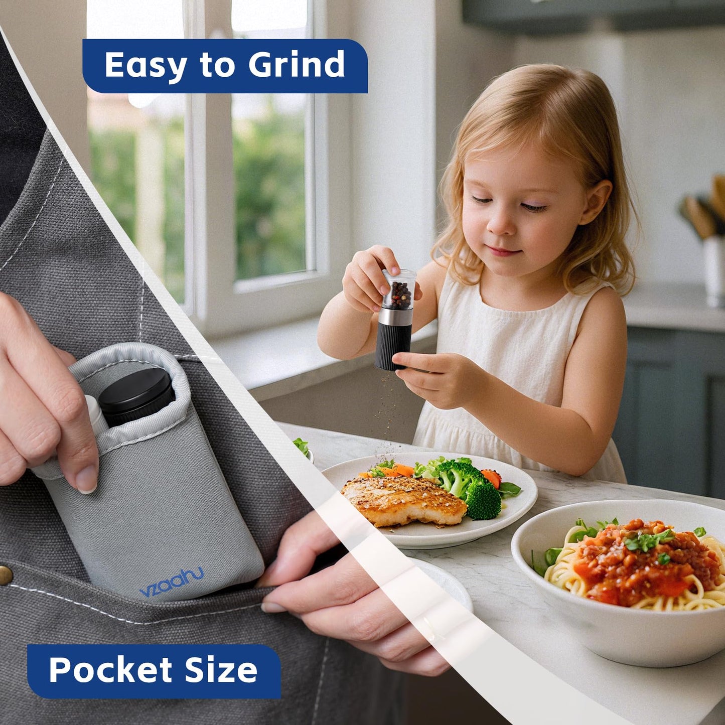 vzaahu Mini Salt and Pepper Grinder Set Black and White with Bag and Funnel, Small Travel Portable Spice Tools, Adjustable Coarseness, Refillable, Ceramic Burrs Seasoning Mills for Cooking, BBQ, RV