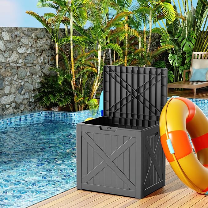 EasyUp 32 Gallon Outdoor Storage Box, Resin Waterproof UV-Resistant Deck Box, Reinforced Stability for Patio, Garden, and Poolside, X-Design Black