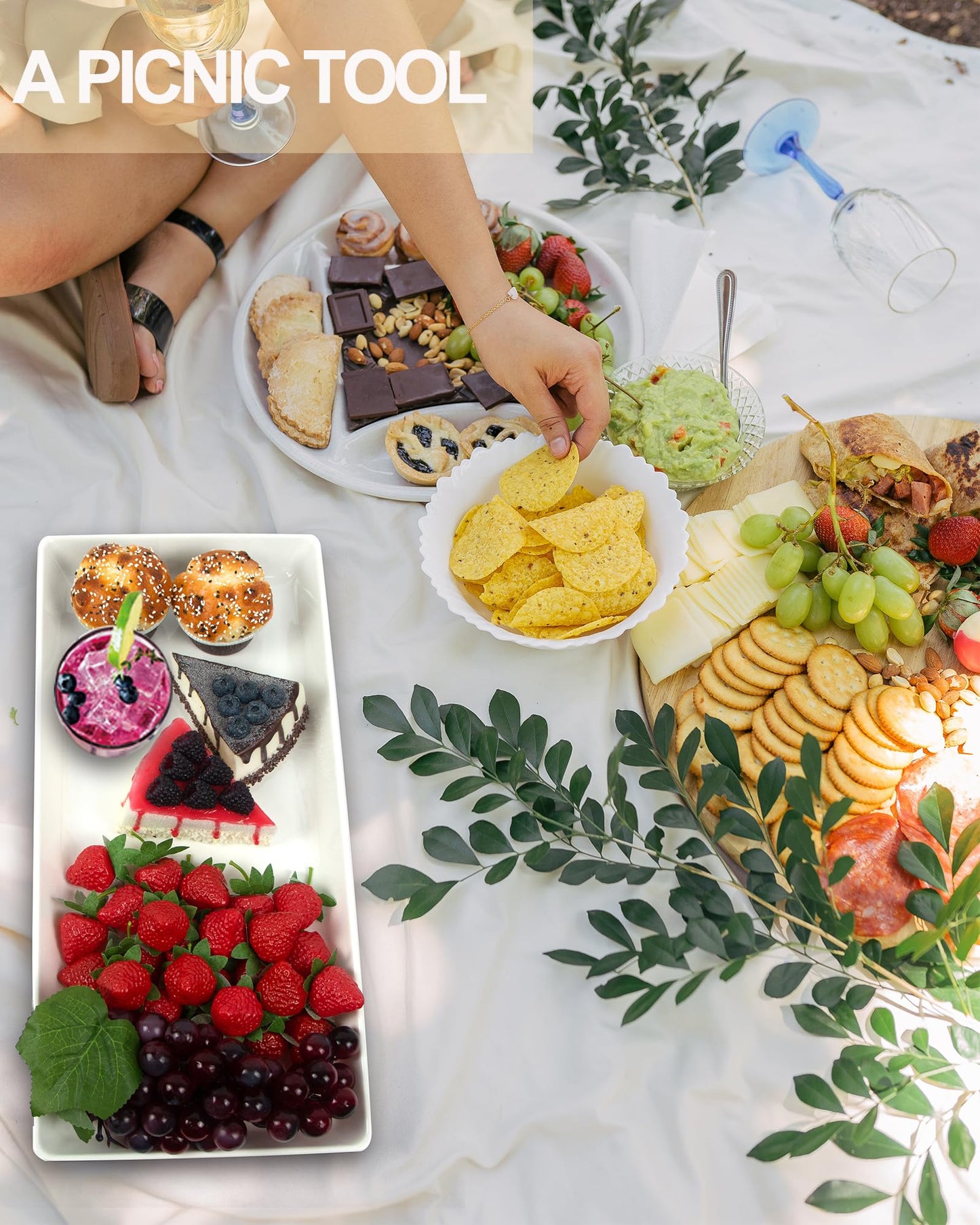Czlizdyt Long Melamine Serving Platter, 17.3x8x1.5 inch Rectangle Serving Trays for Party, Long Serving Platters Plates for Appetizer, Charcuterie, Bread, Fruit, Dessert, Set of 2, White