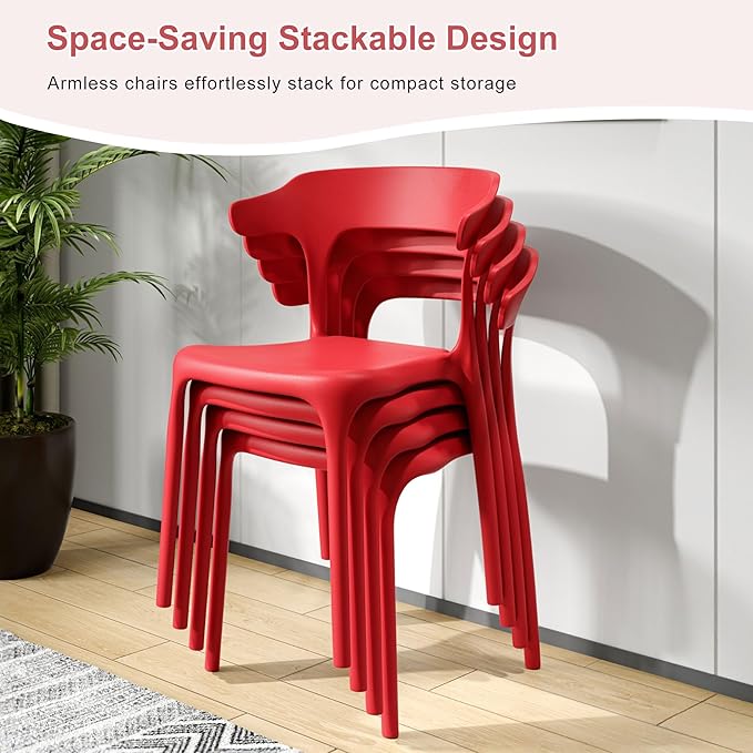 VECELO 4 Pack Plastic Stacking Chairs, Stackable Dining Chairs for Kitchen Restaurant Patio, Portable Indoor Outdoor Use, No Assembly Required, Red