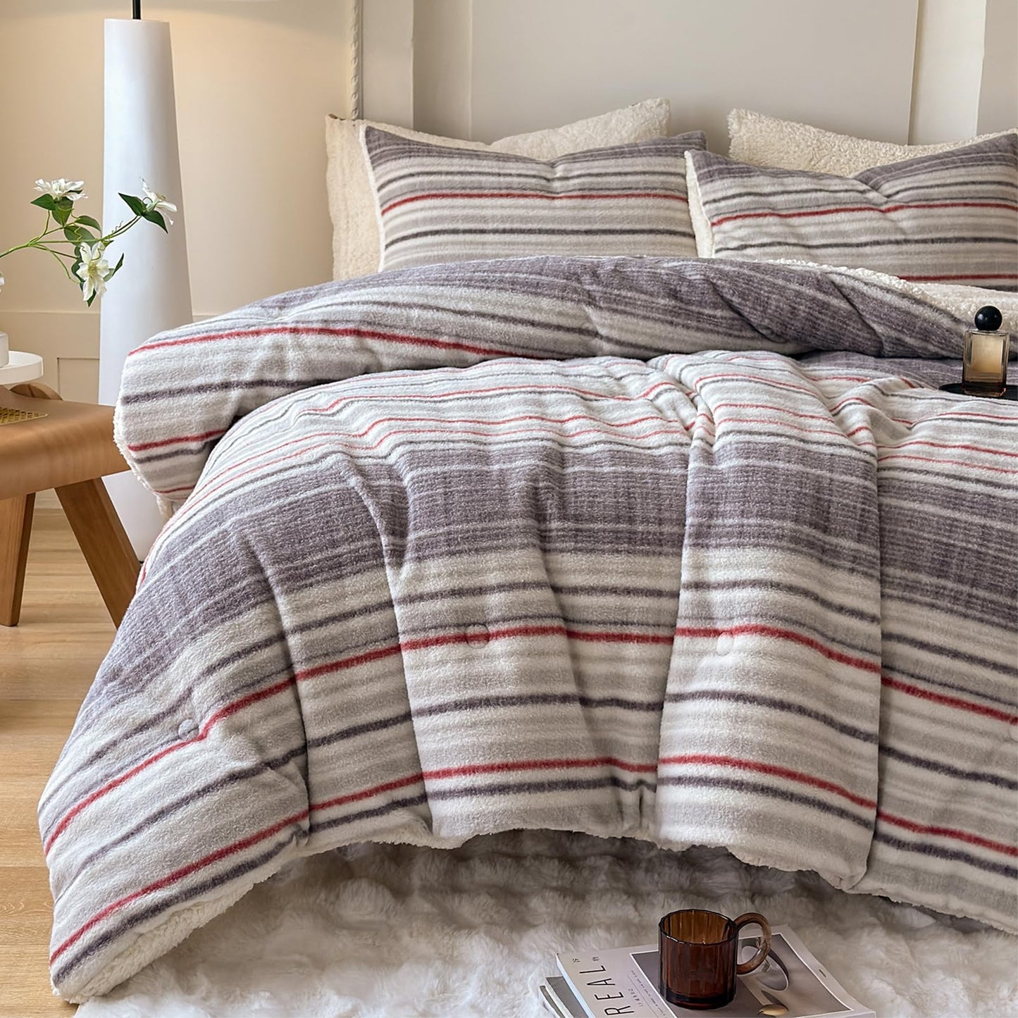 Cyusri Striped Sherpa Comforter Set 2Pcs Fluffy Warm Fleece Down Alternative, Grey Red Bedding Set with 1 Pillowcase, Twin Size 68"x90"