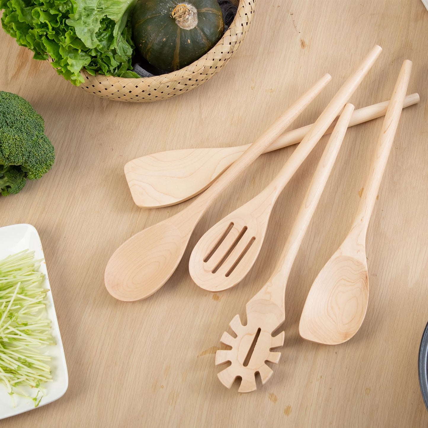 2PCS Wooden Cooking Spoons, 14 Inch Maple Wooden Spoons for Cooking or Mixing Salad, Wooden Spoons Cooking for Stirring Sauce Soup Nonstick Spoon Kitchen Serving Utensil Long Handle with Smooth Finish