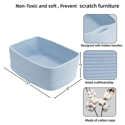 XUANGUO Small Woven Storage Baskets 13“X9”X5“ Decorative Rope Bins for Organizing Shelves, Closets, and Toys, Empty Gift Baskets, Cute Organizer Basket for Home and Office (blue, Large)