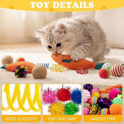 Leitee Mother's Day Cat Bed Storage Basket with 40 Pcs Cat Variety Toys Pack Set Includes Pillows, Spring Toy, Fish, Chew Rope and Balls for Kitten Kitty Swat Hunt Interactive Pet(White,Yellow)