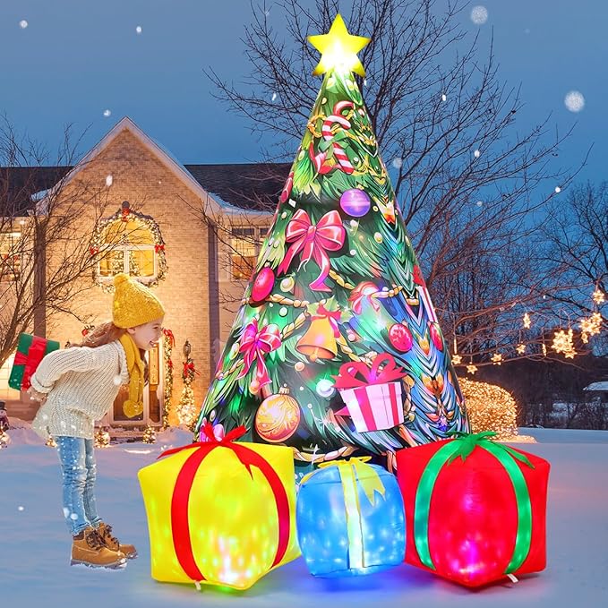 GOOSH 7.8 FT Christmas Inflatables Tree Outdoor Decorations Blow Up Christmas Tree Gift Box Yard with Colorful Light for Holiday Party Indoor Garden Lawn Decor (Pink)