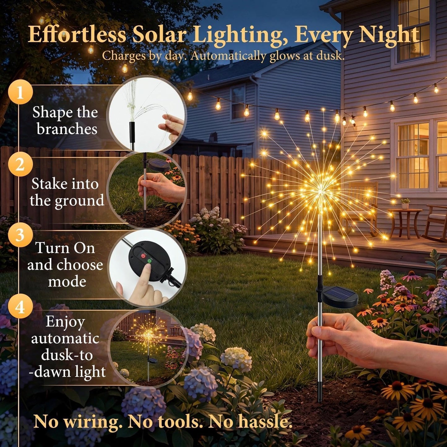Fairdeer Solar Firework Lights Outdoor 4 Pack, 120LED Solar Starburst Garden Lights with 8 Modes, Waterproof Decorative Sparkle Light for Backyard, Garden, Patio Lawn Landscape & 4th of July Decor