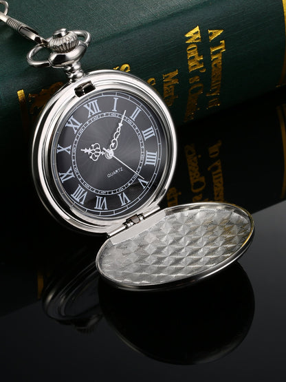 Quartz Pocket Watch for Men with Black Dial and Chain (Silver)