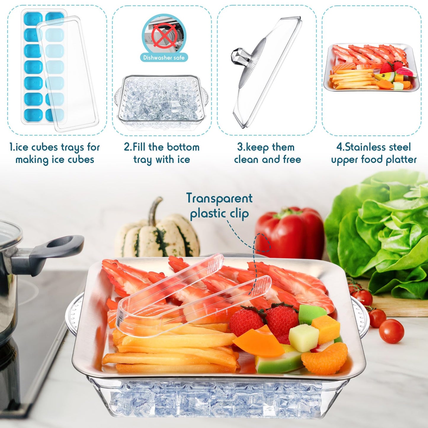 Baderke 1 Set 9" Chilled Serving Tray for Parties with Compartments Ice Chilled Party Platter with Lid Tableware Charcuterie Serving Board for Fresh Food Fruit Seafood Vegetable Appetizer(Silver)