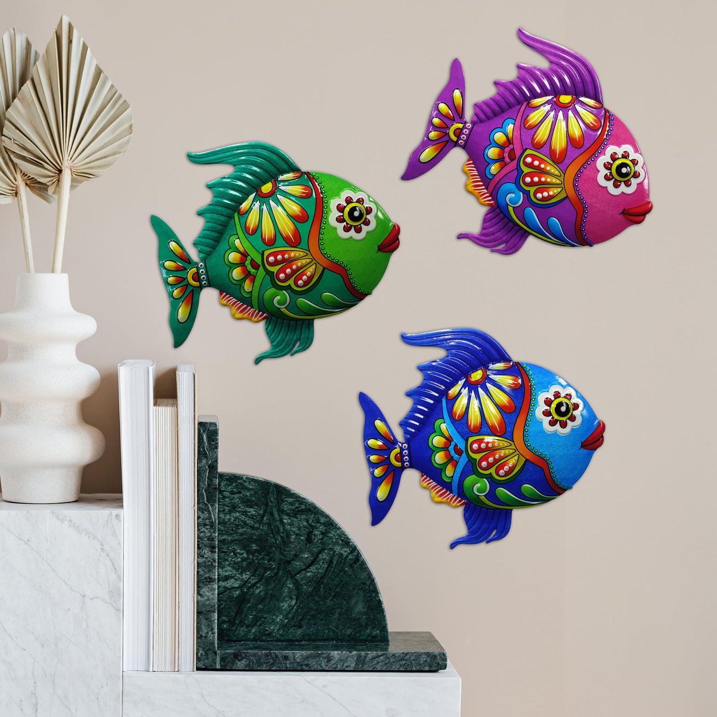 John's Studio Metal Fish Sea Wall Decor Outdoor Garden Hanging Art Sculptures Home Ocean Theme Decorations for Kitchen Bathroom and Pool - 3 PCS