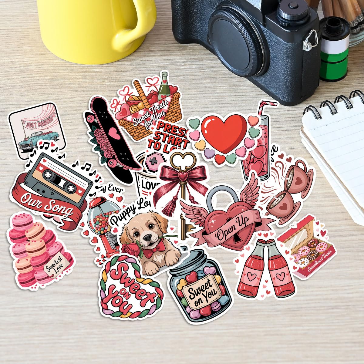60Pcs Valentine's Day Sticker Pack – Cute Love-Themed Stickers with Hearts, Roses, Bears, Candy, Music, and Sweet Quotes – Perfect for Scrapbooking, Journaling, Gifts, and Valentine's Decorations