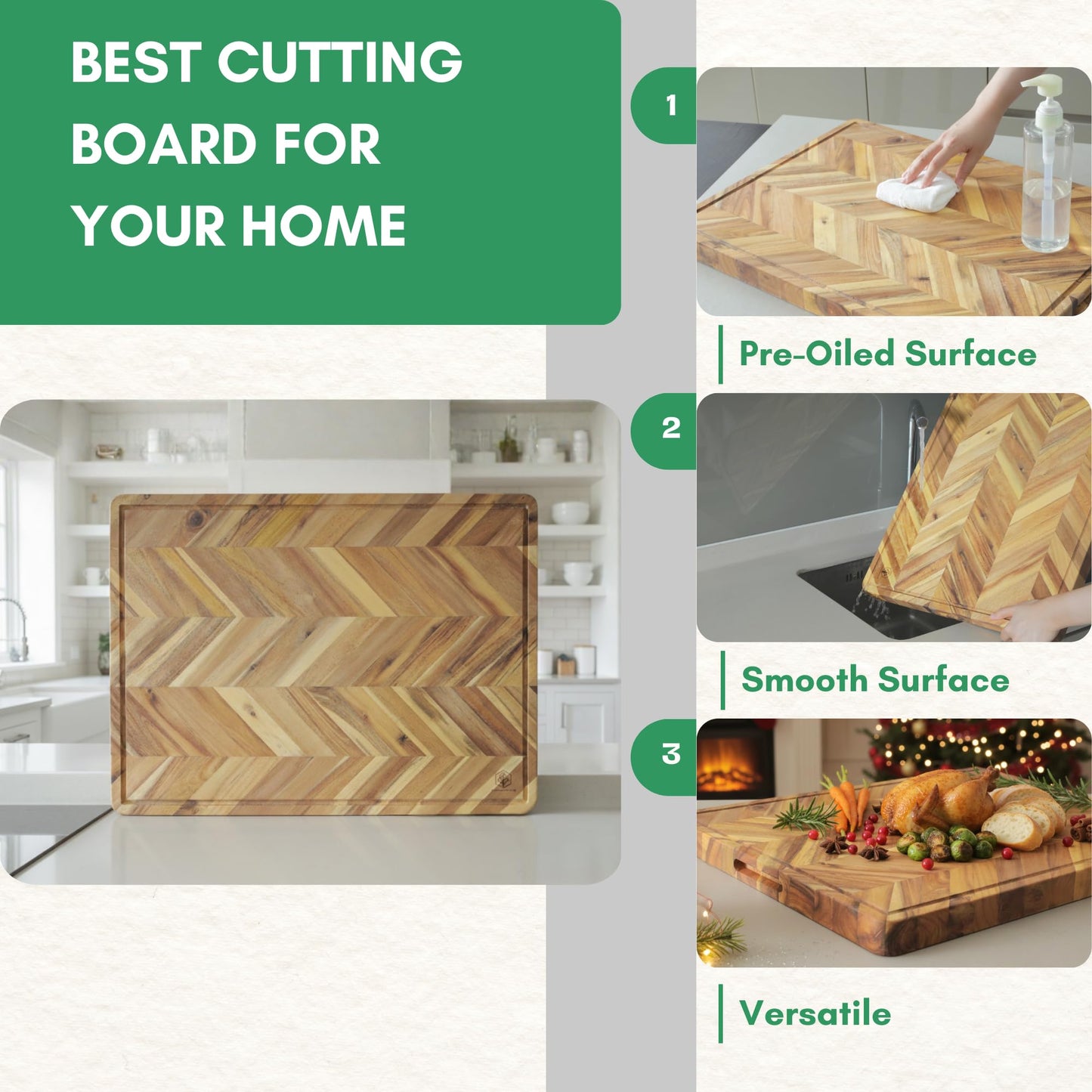 Herringbone Acacia Wood Cutting Boards for Kitchen, 1.5 in Thick Butcher Block Construction for Stability, 20 x 15 in Large Cutting Boards with Gift Box, Juice Groove and Handle