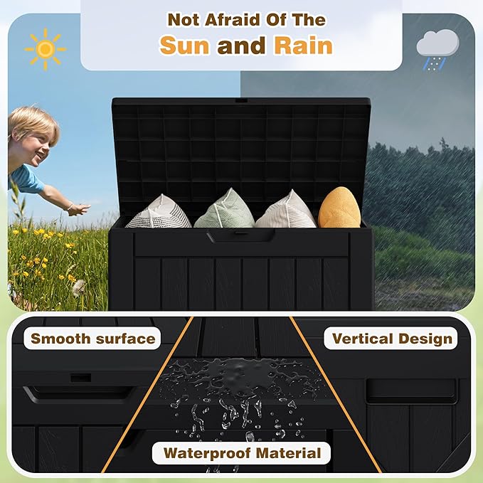 Flamaker Resin Deck Box 40 Gallon Waterproof Outdoor Indoor Storage Box Imitation Wood Resin for Patio Furniture Garden Tools and Pool (Black)