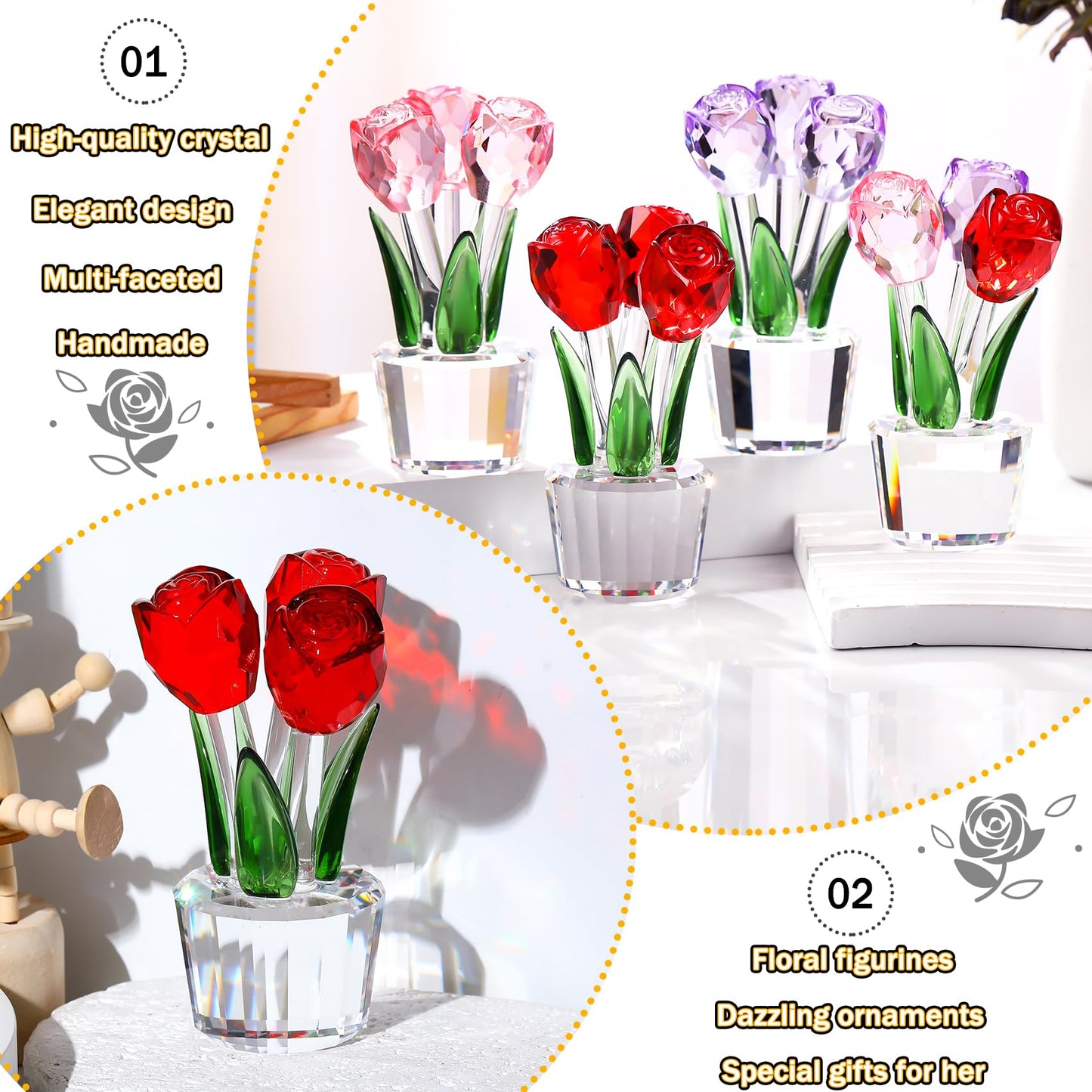 Ornalrist Handmade Crystal Rose Flower Figurines Red Glass Rose Gifts for Women Her Wife Girlfriend Mom on Valentine's Day Anniversary Mother's Day Birthday Wedding Home Decor
