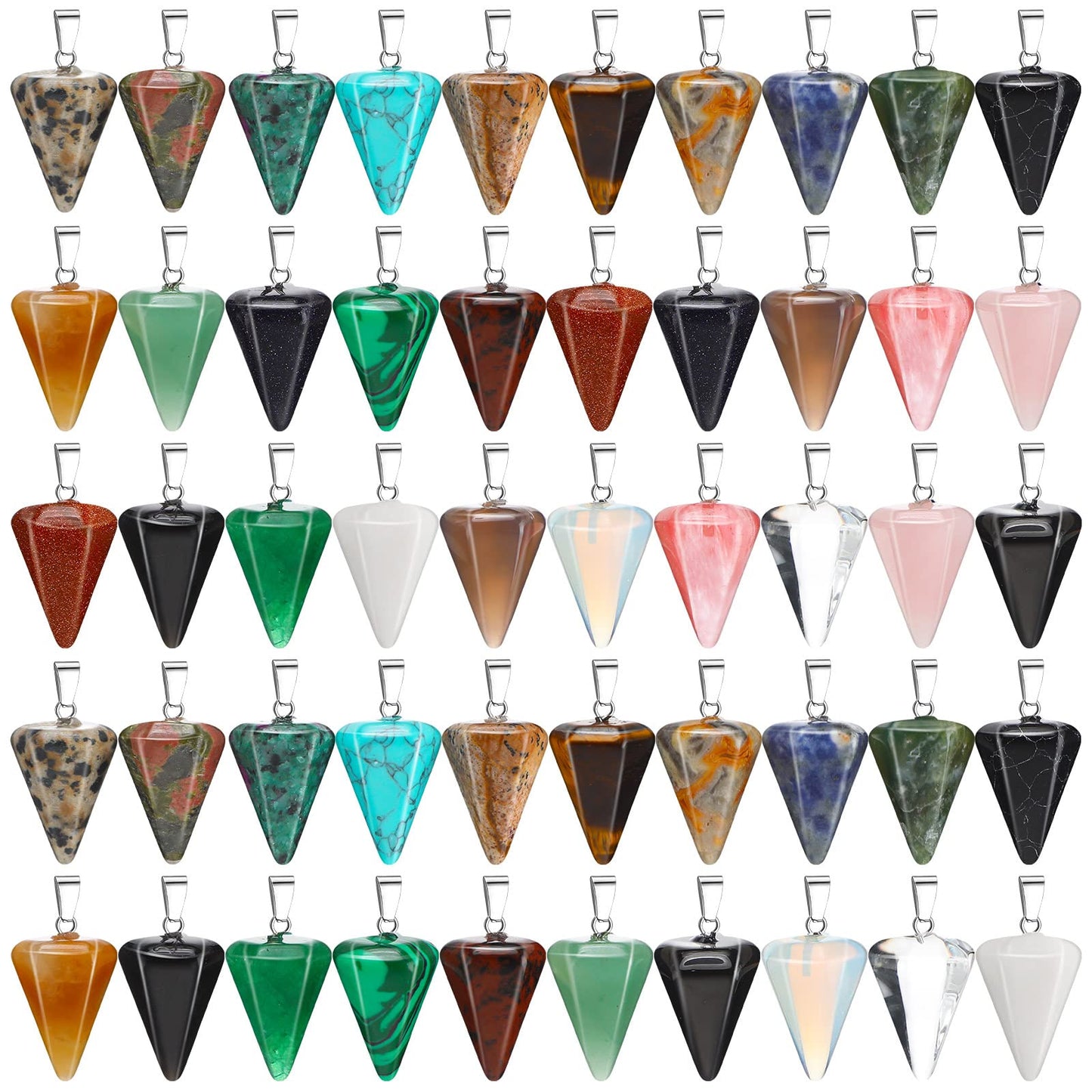 Fumete 50 Pieces Cone Pendulum Crystal Pendants Healing Stone Charms for Jewelry Making DIY Necklace Divination Witchcraft Accessories, 25 Colors