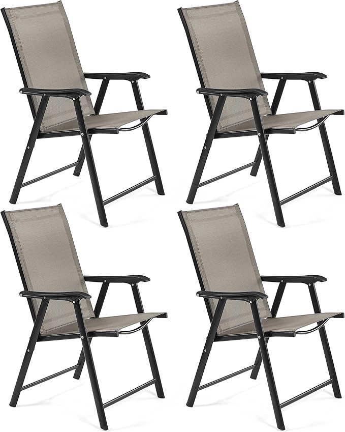 Yaheetech Outdoor Patio Chairs Set of 4, Portable Dining Chairs with Armrests for Camping, Lawn Yard Beach, Folding Outdoor Chairs 4-Pack with Metal Frame, Brown